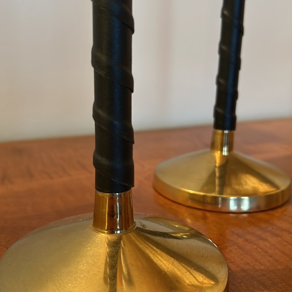 Leather wrapped brass taper candlesticks:set of 2 - Picture 2 of 3